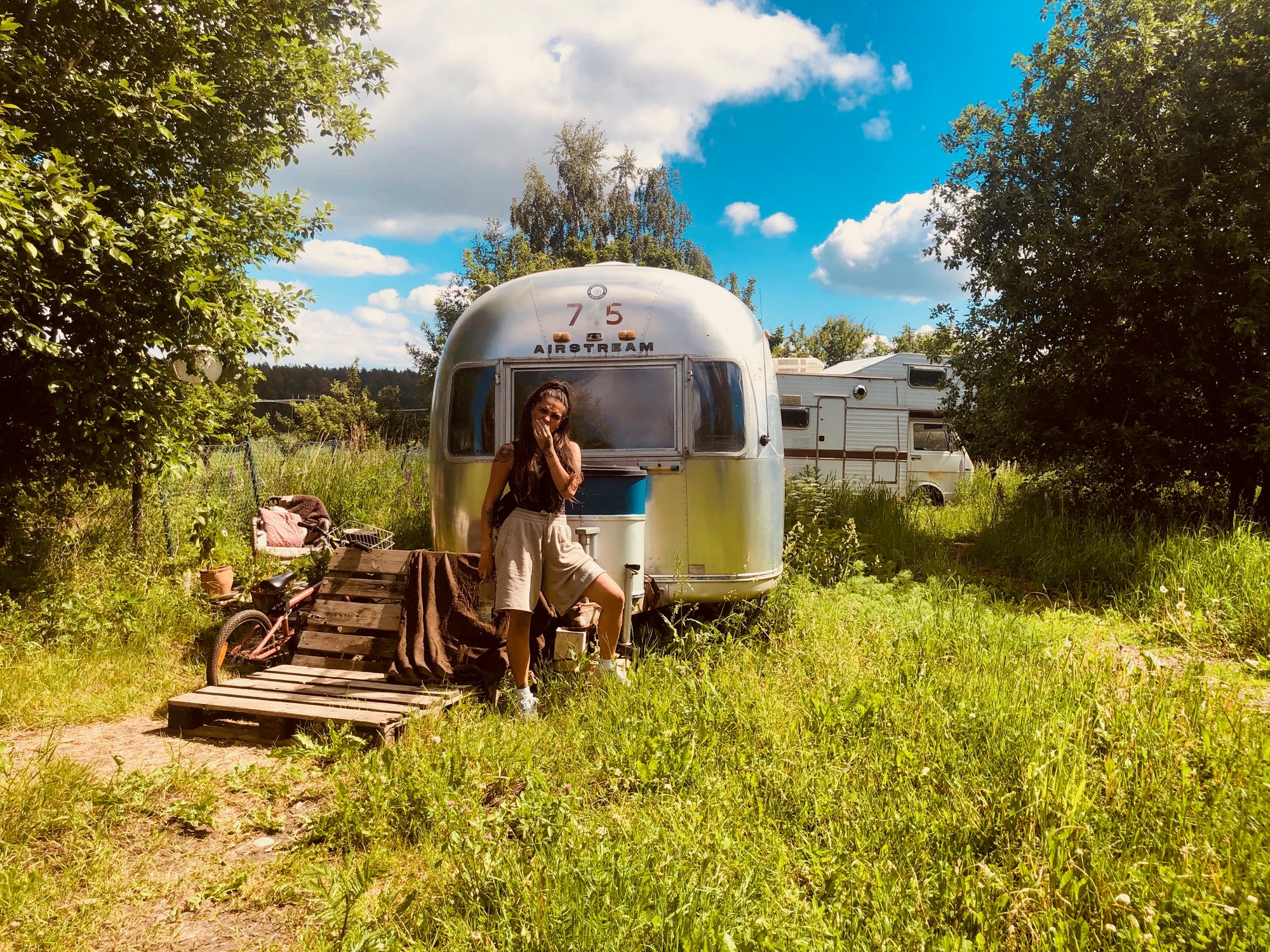 Cleo outside Airstream